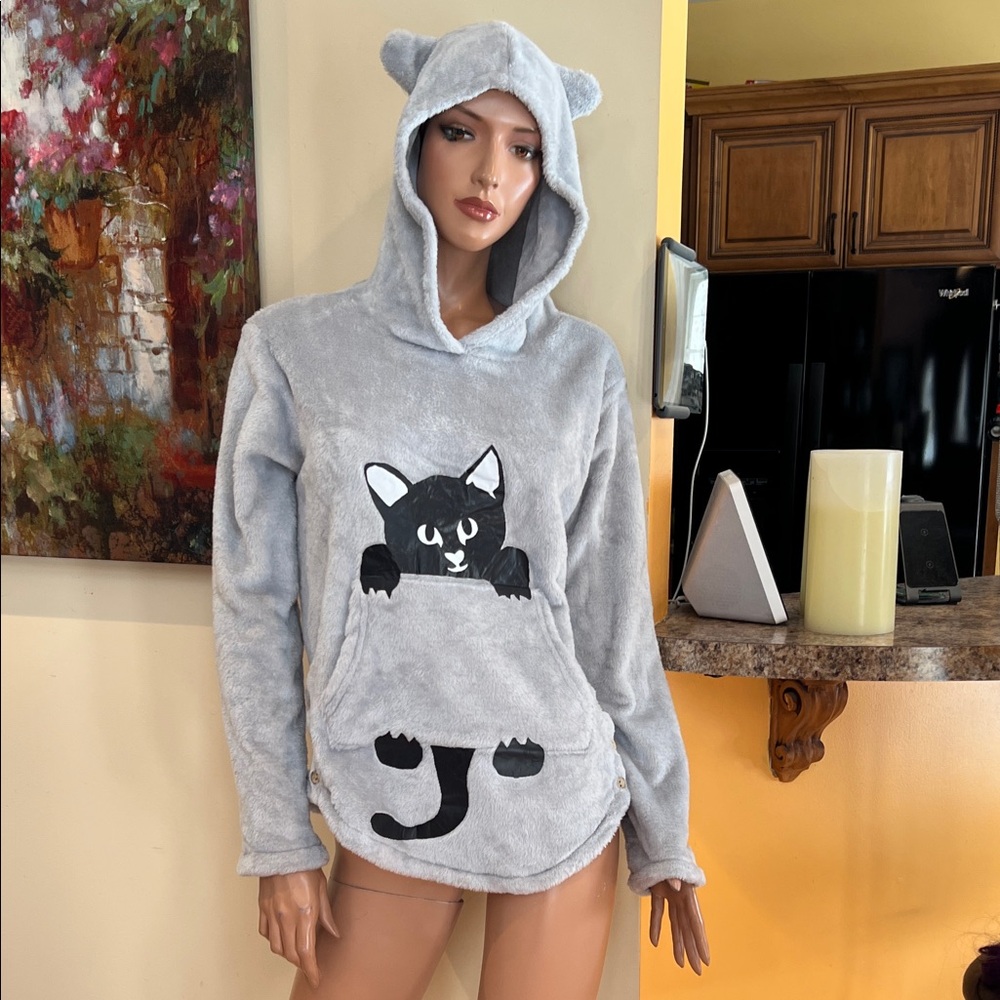 Gray Cat plush Hoodie cat ears S with Black Cat Design nwot